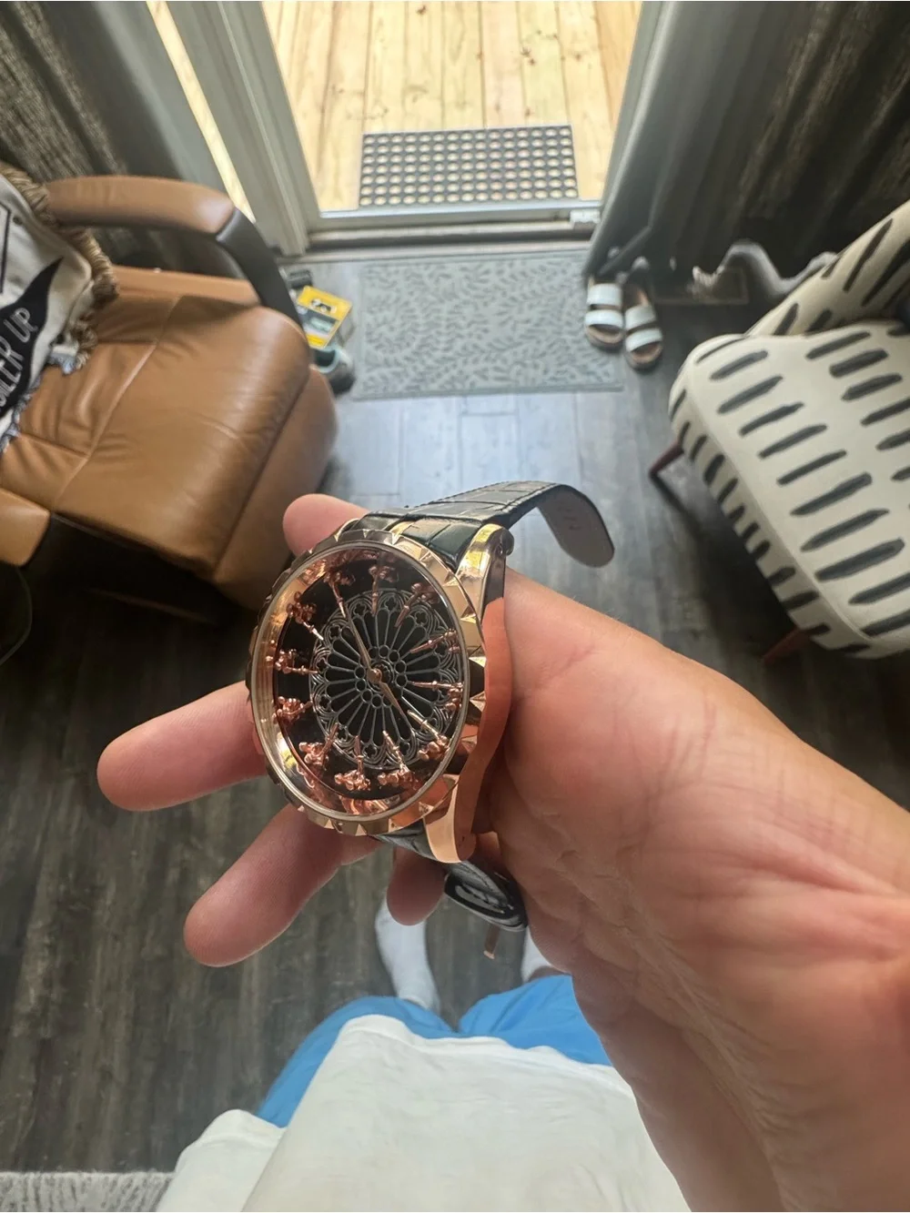 Men's Rose Gold Mechanical-Style Watch with Black Strap